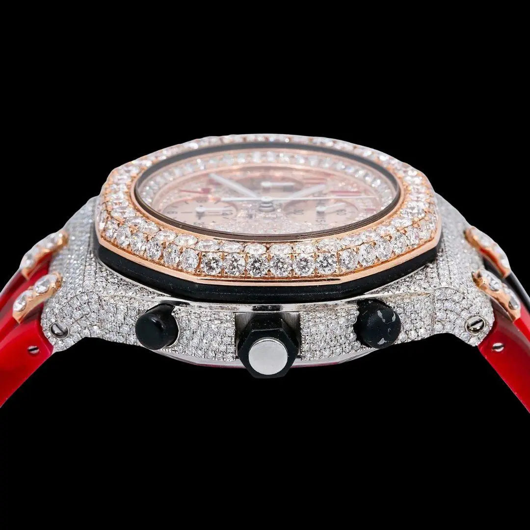 AP Royal Oak Offshore Chronograph Dial Red Standard Numerals Red Camo Rubber Strap Semi Iced Out Watch Crown View