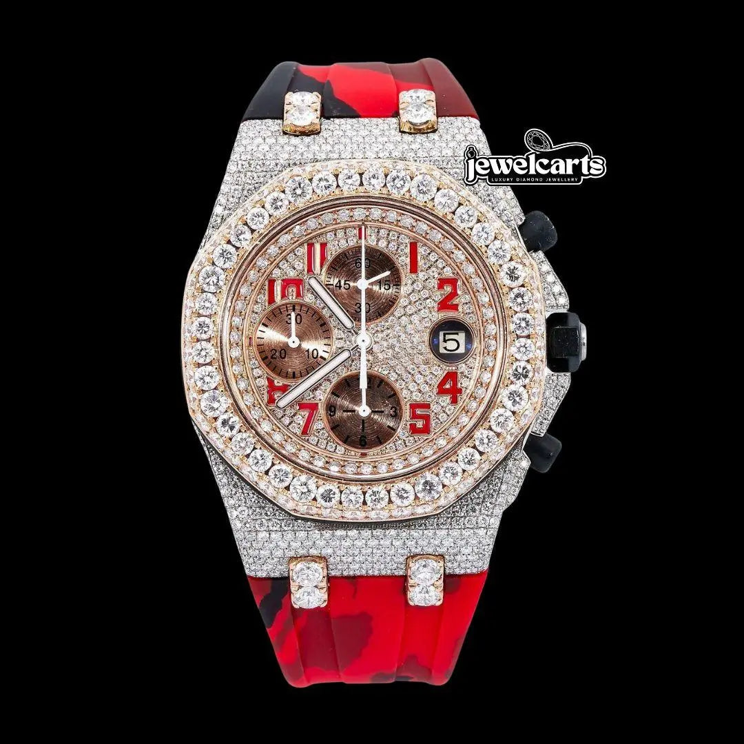 AP Royal Oak Offshore Chronograph Dial Red Standard Numerals Red Camo Rubber Strap Semi Iced Out Watch Front View