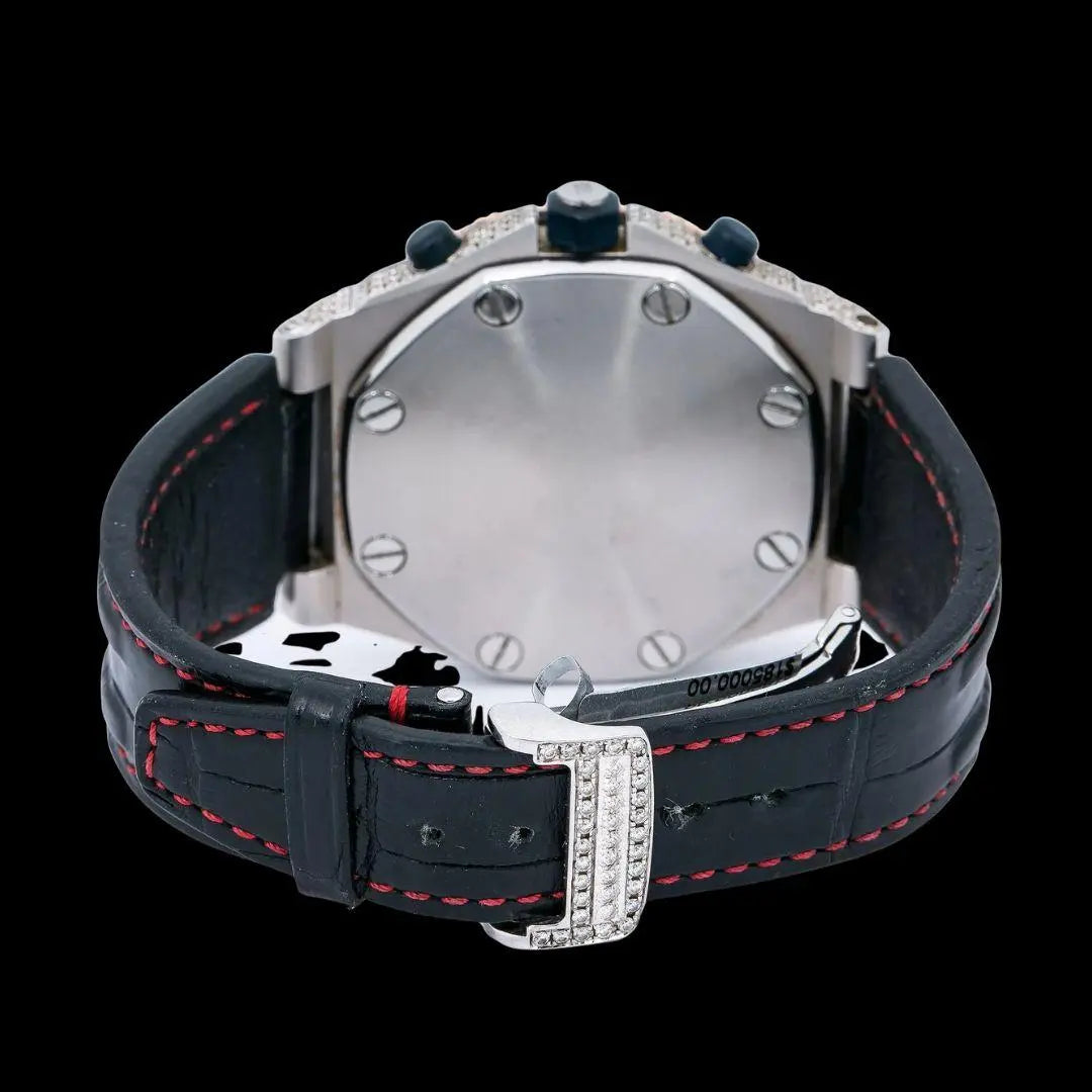 AP Royal Oak Offshore Chronograph Dial Standard Numerals Black Leather Strap Semi Iced Out Watch Caseback View