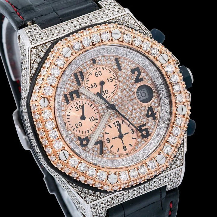AP Royal Oak Offshore Chronograph Dial Standard Numerals Black Leather Strap Semi Iced Out Watch Close Up Dial View