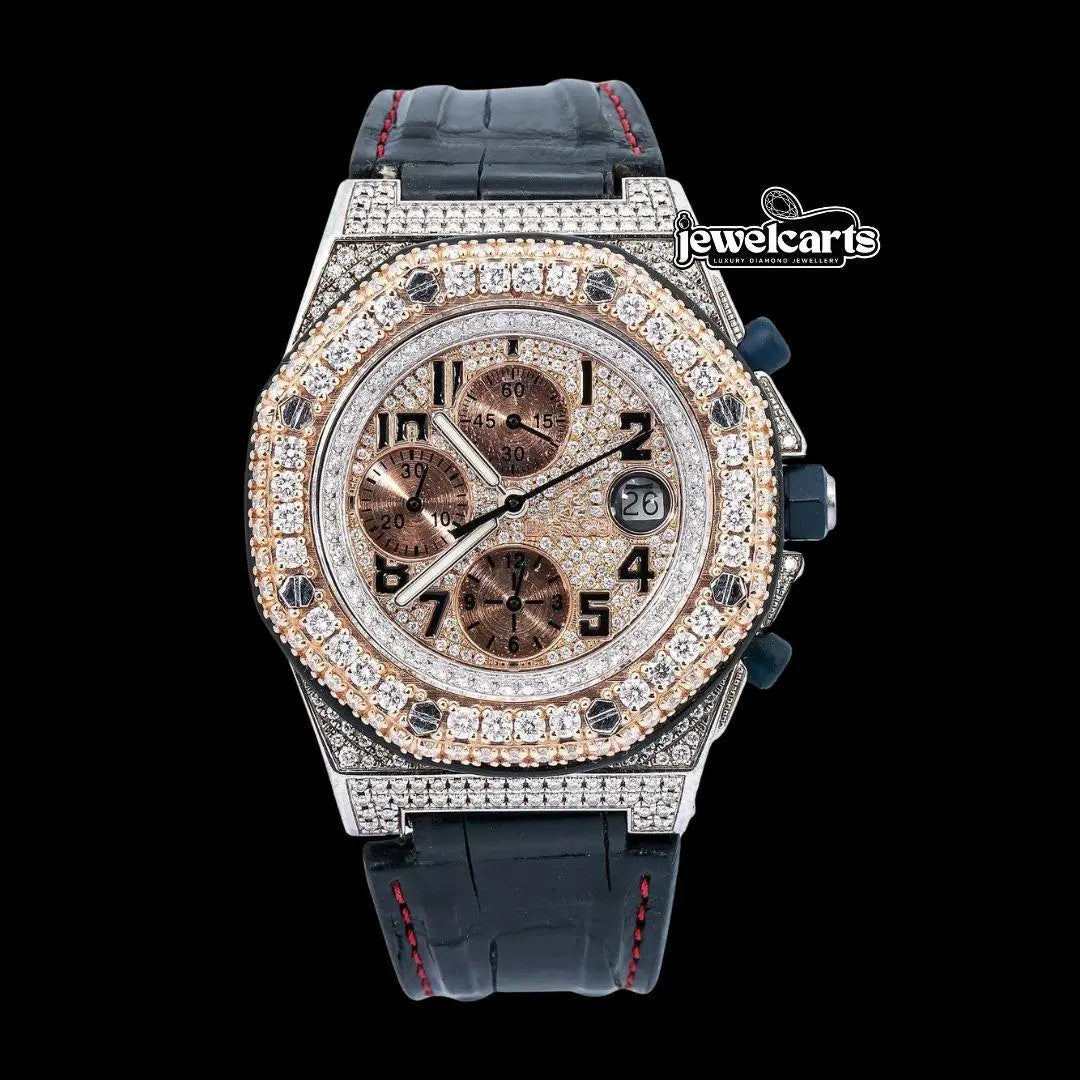 AP Royal Oak Offshore Chronograph Dial Standard Numerals Black Leather Strap Semi Iced Out Watch Front View
