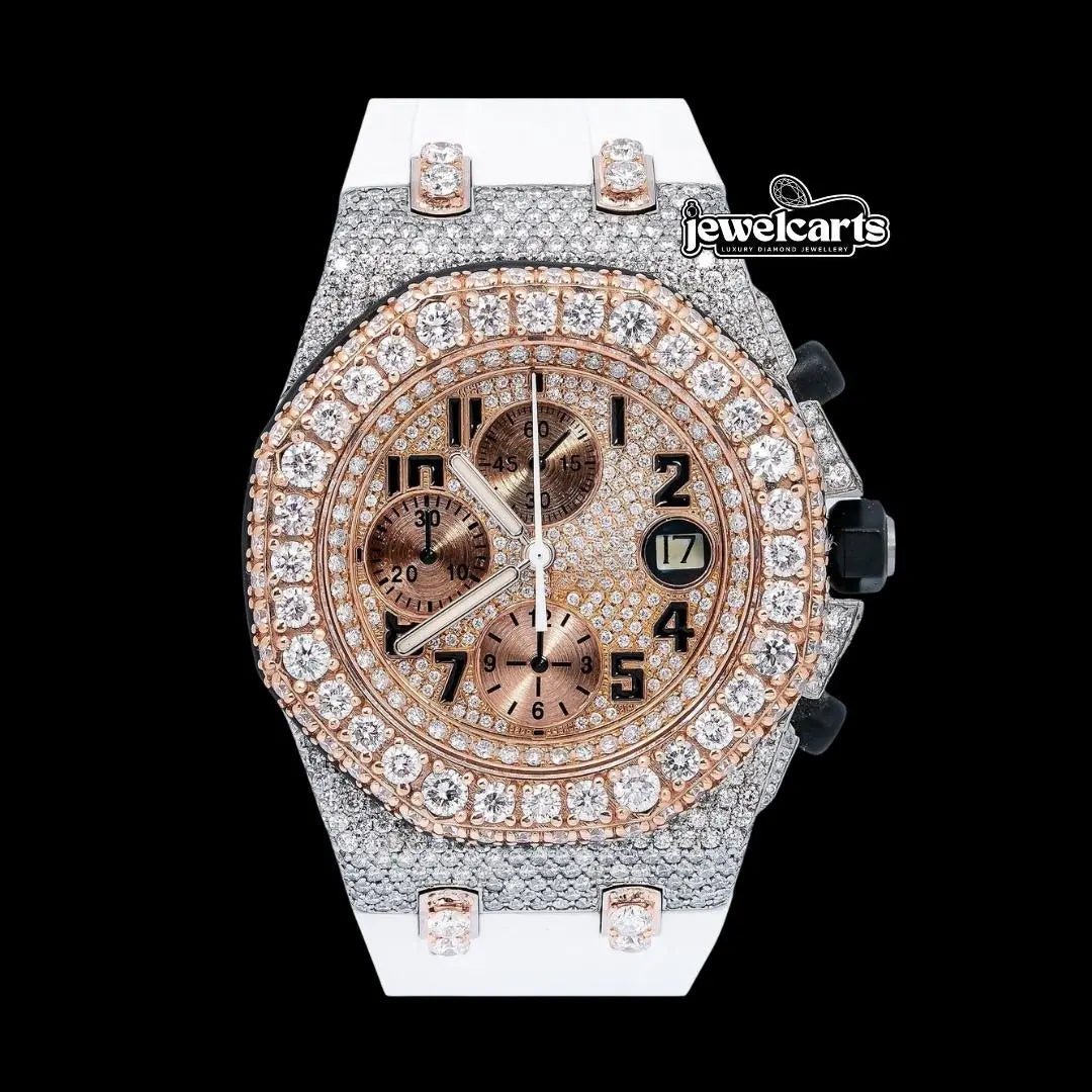 AP Royal Oak Offshore Chronograph Dial Standard Numerals Two Tone Semi Iced Out Rose Gold White Rubber Strap Watch Front View