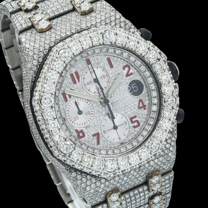 AP Royal Oak Offshore Chronograph Red Standard Numerals Fully Iced Out Moissanite Watch Close Up Dial View