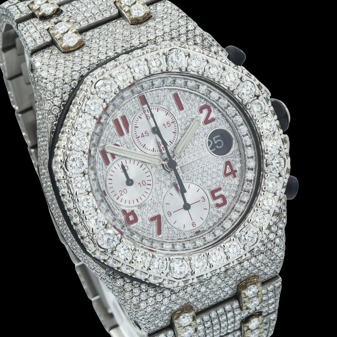 AP Royal Oak Offshore Chronograph Red Standard Numerals Fully Iced Out Moissanite Watch Close Up Dial View