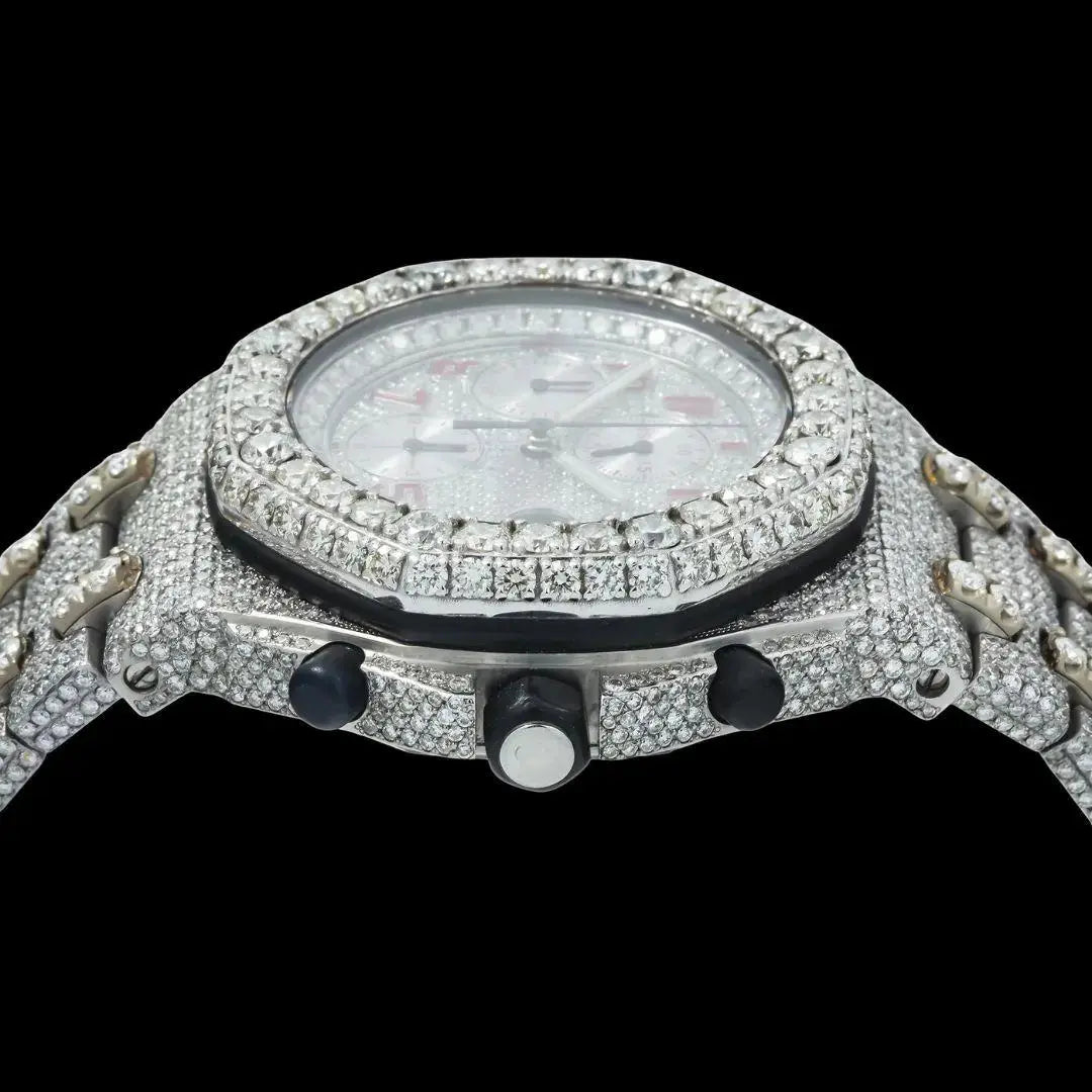 AP Royal Oak Offshore Chronograph Red Standard Numerals Fully Iced Out Moissanite Watch Crown View