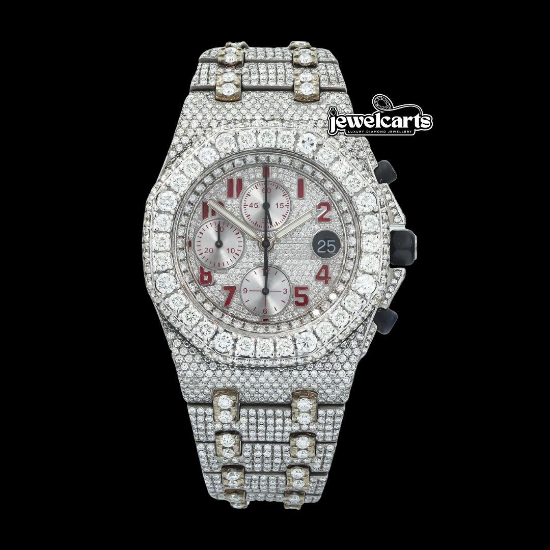 AP Royal Oak Offshore Chronograph Red Standard Numerals Fully Iced Out Moissanite Watch Front View