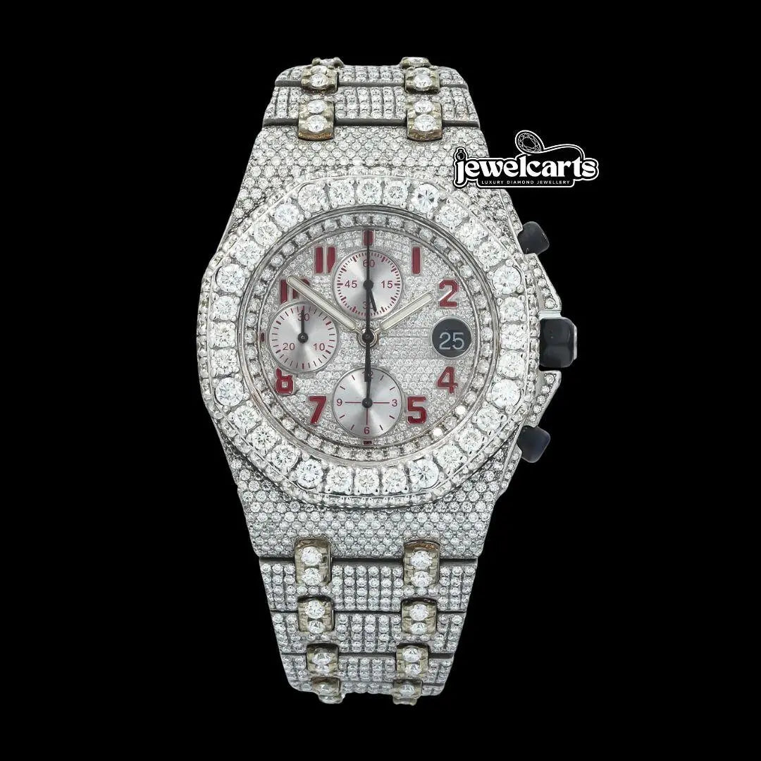 AP Royal Oak Offshore Chronograph Red Standard Numerals Fully Iced Out Moissanite Watch Front View