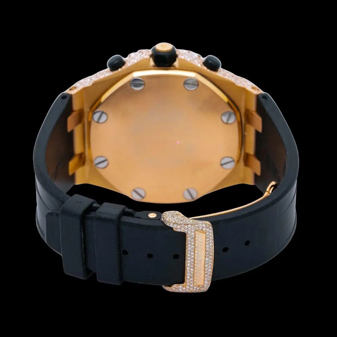 AP Royal Oak Offshore Chronograph Rose Gold Dial Black Rubber Strap Semi Iced Out Moissanite Watch Caseback View