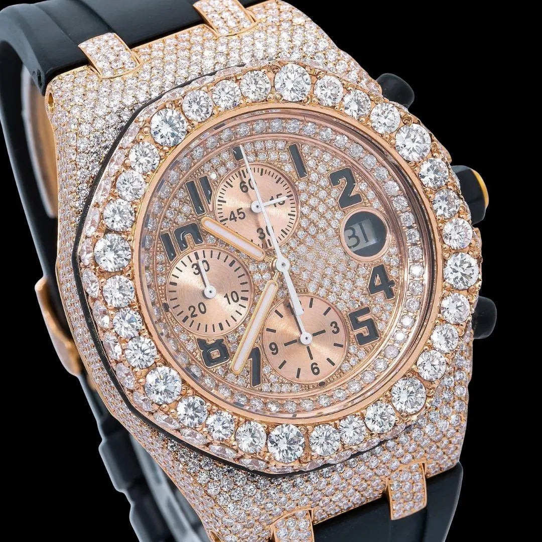 AP Royal Oak Offshore Chronograph Rose Gold Dial Black Rubber Strap Semi Iced Out Moissanite Watch Close Up Dial View