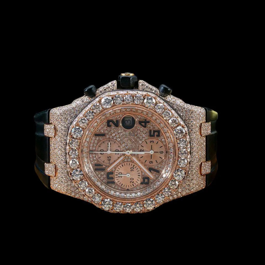 AP Royal Oak Offshore Chronograph Rose Gold Dial Black Rubber Strap Semi Iced Out Moissanite Watch Close Up Front View