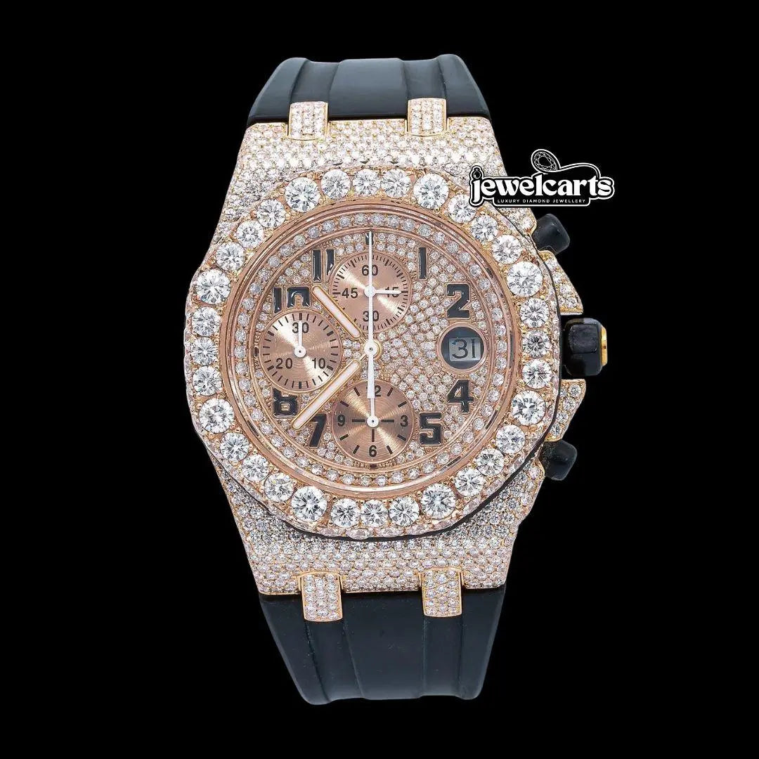 AP Royal Oak Offshore Chronograph Rose Gold Dial Black Rubber Strap Semi Iced Out Moissanite Watch Front View