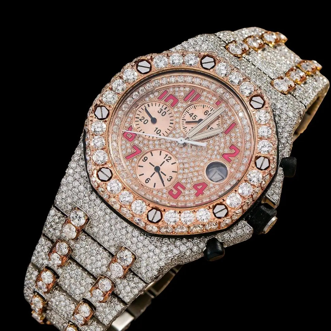 AP Royal Oak Offshore Chronograph Rose Gold Dial Red Standard Numerals Two Tone Moissanite Watch Chronograph View