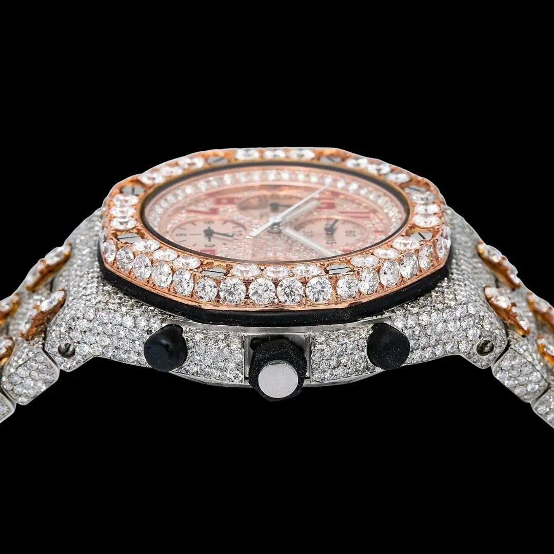 AP Royal Oak Offshore Chronograph Rose Gold Dial Red Standard Numerals Two Tone Moissanite Watch Crown View