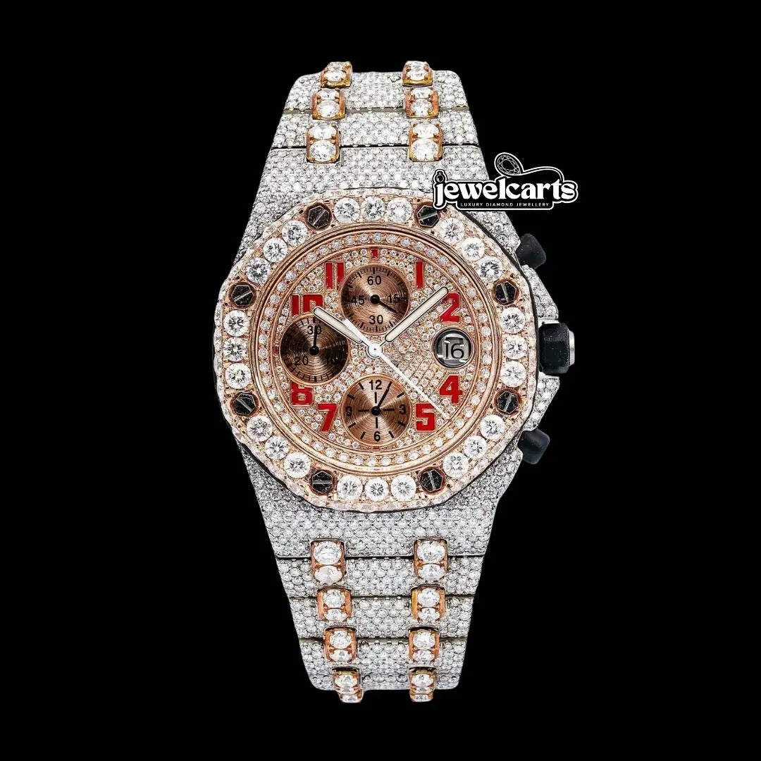 AP Royal Oak Offshore Chronograph Rose Gold Dial Red Standard Numerals Two Tone Moissanite Watch Front View