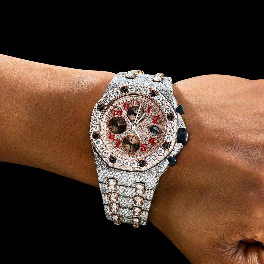 AP Royal Oak Offshore Chronograph Rose Gold Dial Red Standard Numerals Two Tone Moissanite Watch On Wrist View