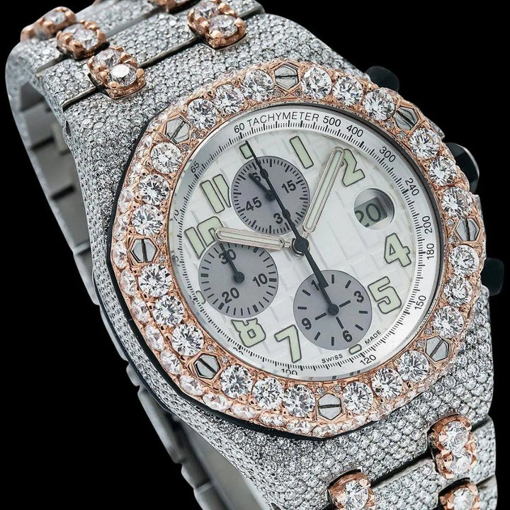 AP Royal Oak Offshore Chronograph Standard Numerals Dial Two Tone Fully Iced Out Moissanite Watch Close Up Dial View
