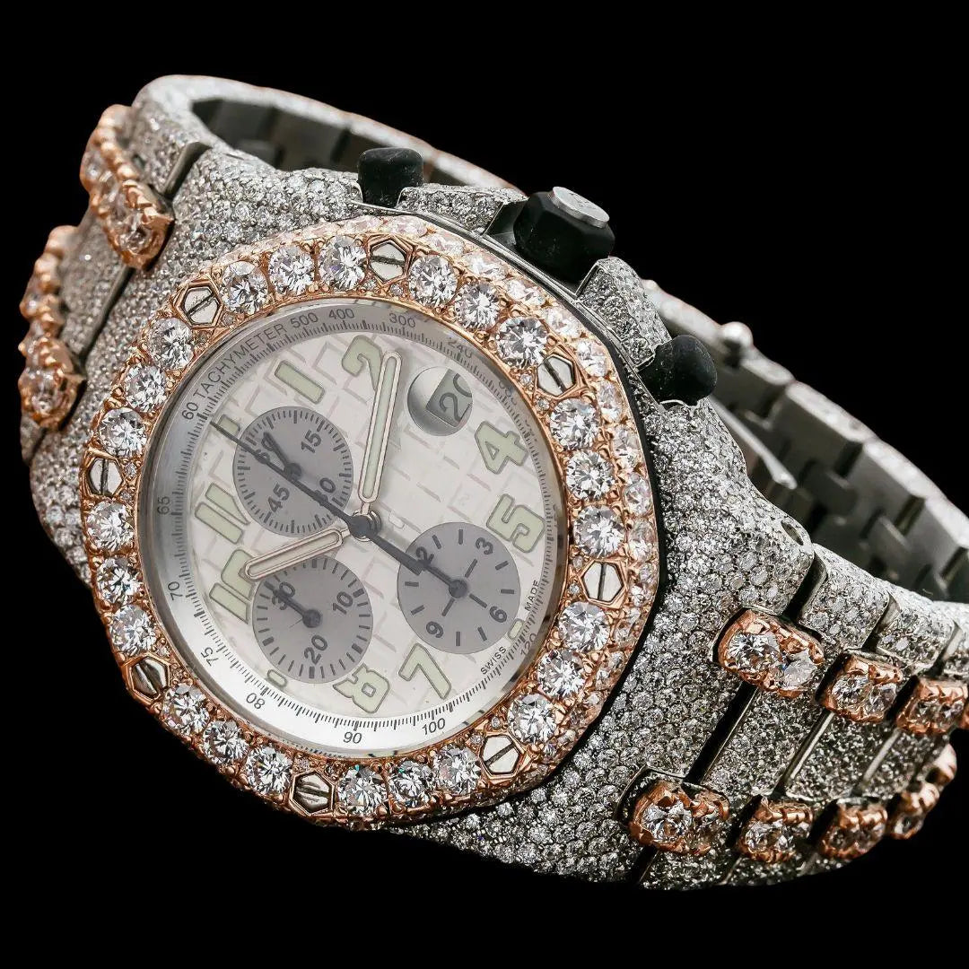 AP Royal Oak Offshore Chronograph Standard Numerals Dial Two Tone Fully Iced Out Moissanite Watch Close Up Front View