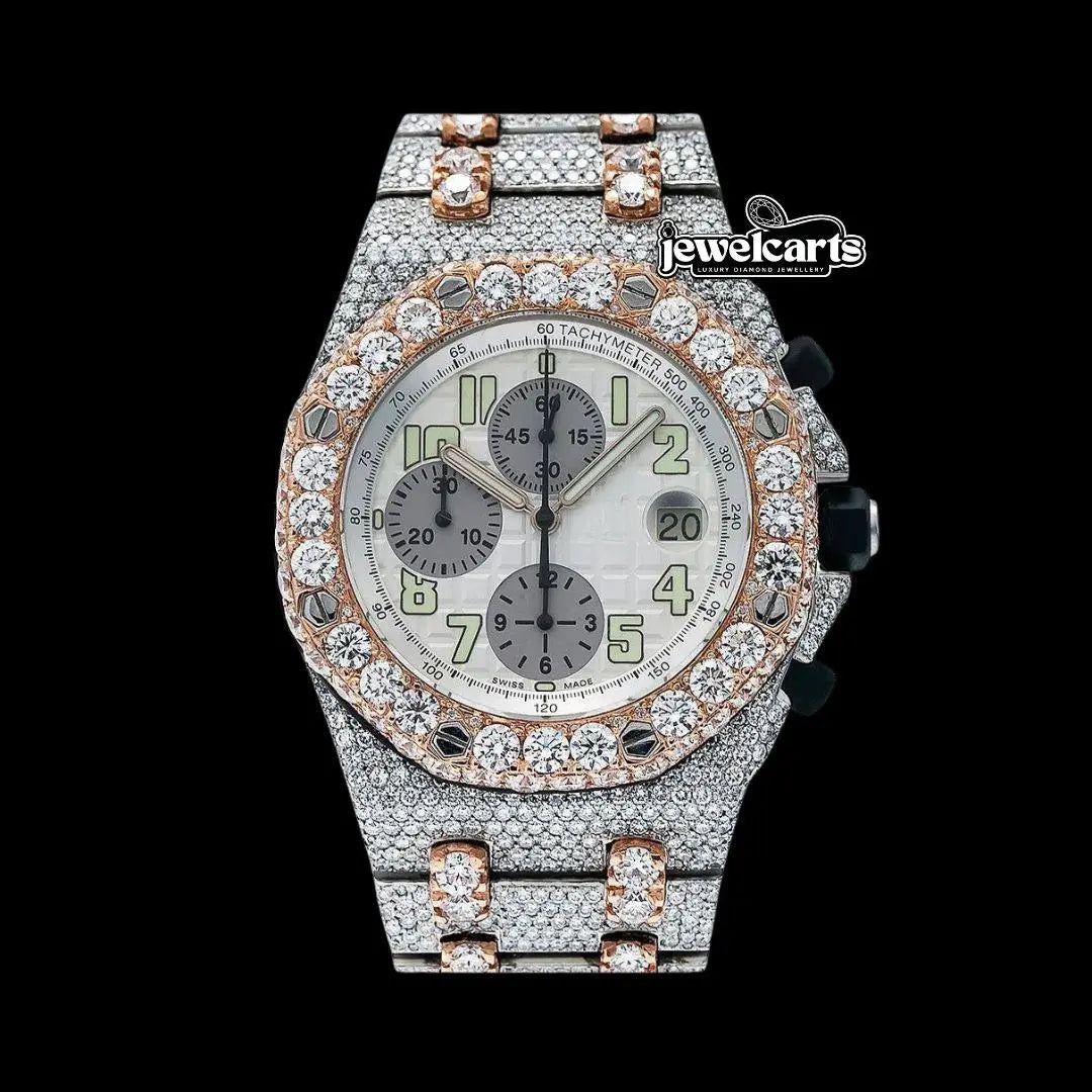 AP Royal Oak Offshore Chronograph Standard Numerals Dial Two Tone Fully Iced Out Moissanite Watch Front View