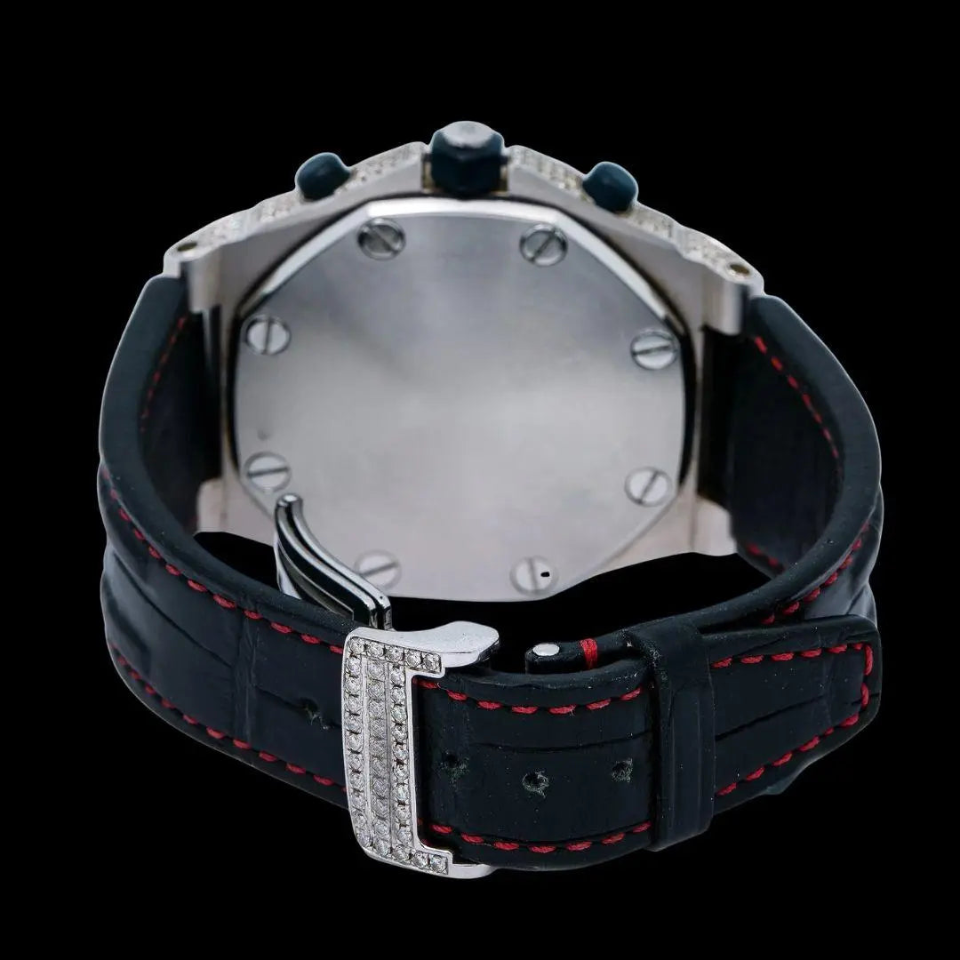 AP Royal Oak Offshore Chronograph White Diamond Dial Semi Iced Out Black Leather Strap Moissanite Watch Caseback View