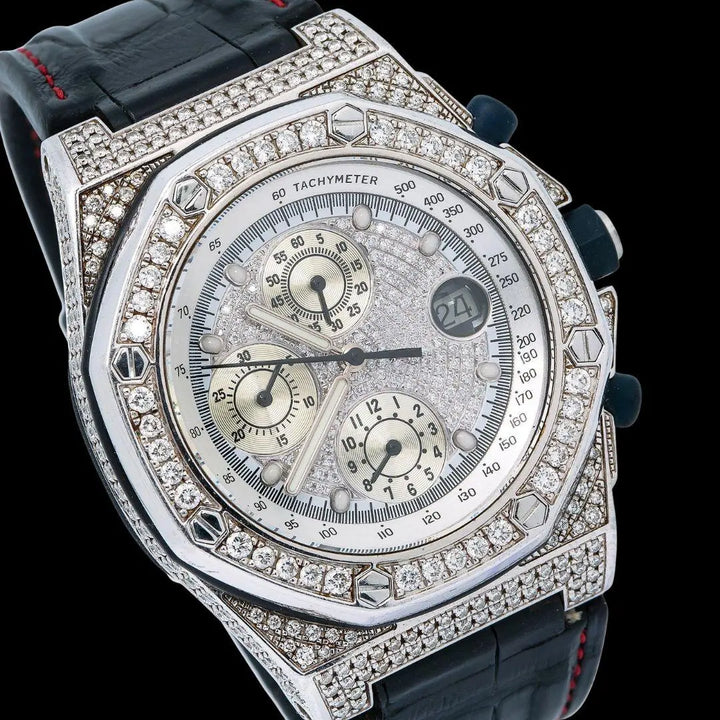 AP Royal Oak Offshore Chronograph White Diamond Dial Semi Iced Out Black Leather Strap Moissanite Watch Close Up Dial View