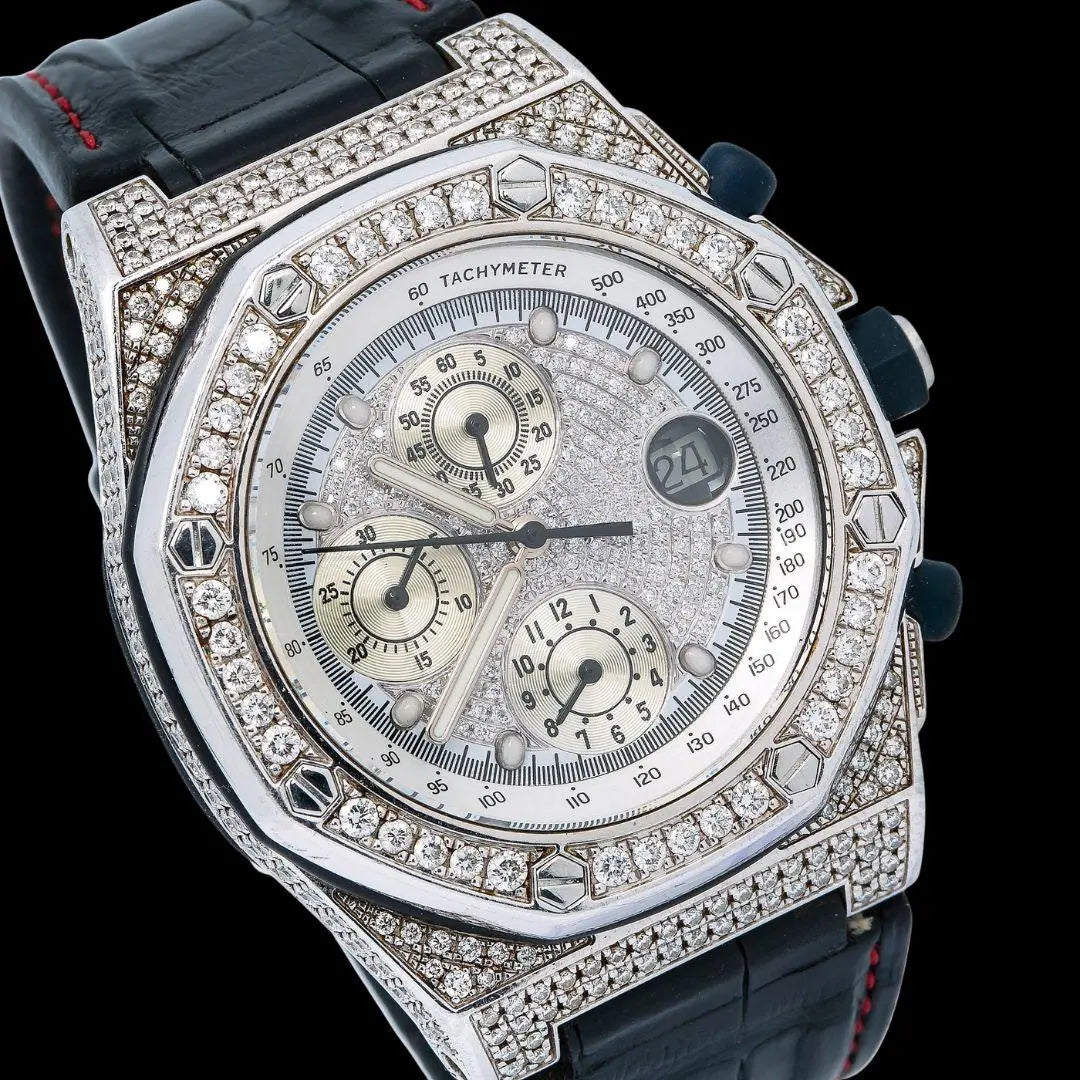AP Royal Oak Offshore Chronograph White Diamond Dial Semi Iced Out Black Leather Strap Moissanite Watch Close Up Dial View