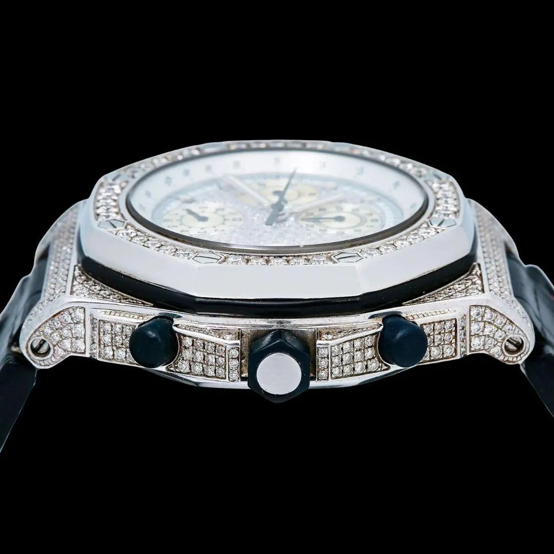 AP Royal Oak Offshore Chronograph White Diamond Dial Semi Iced Out Black Leather Strap Moissanite Watch Crown View