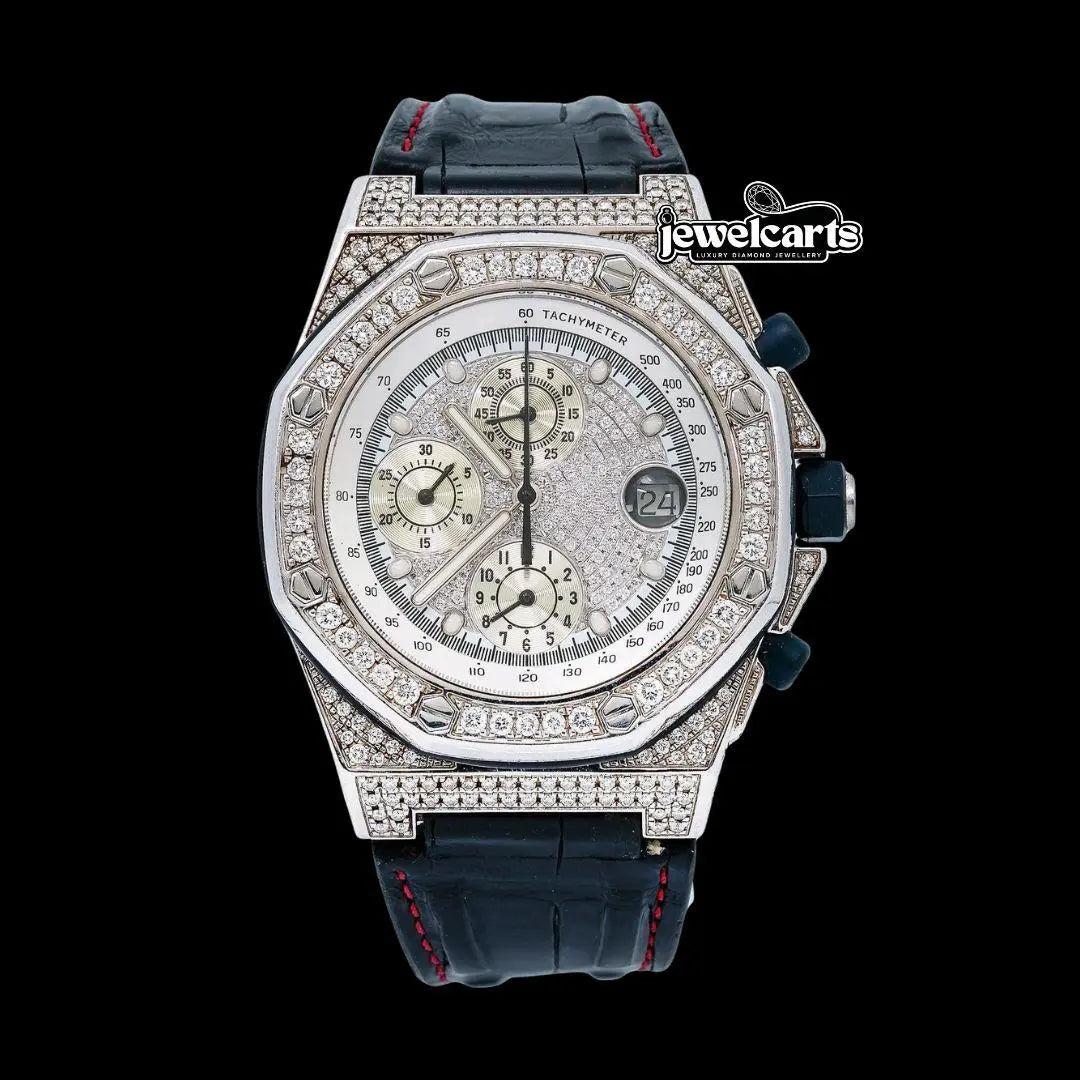 AP Royal Oak Offshore Chronograph White Diamond Dial Semi Iced Out Black Leather Strap Moissanite Watch Front View