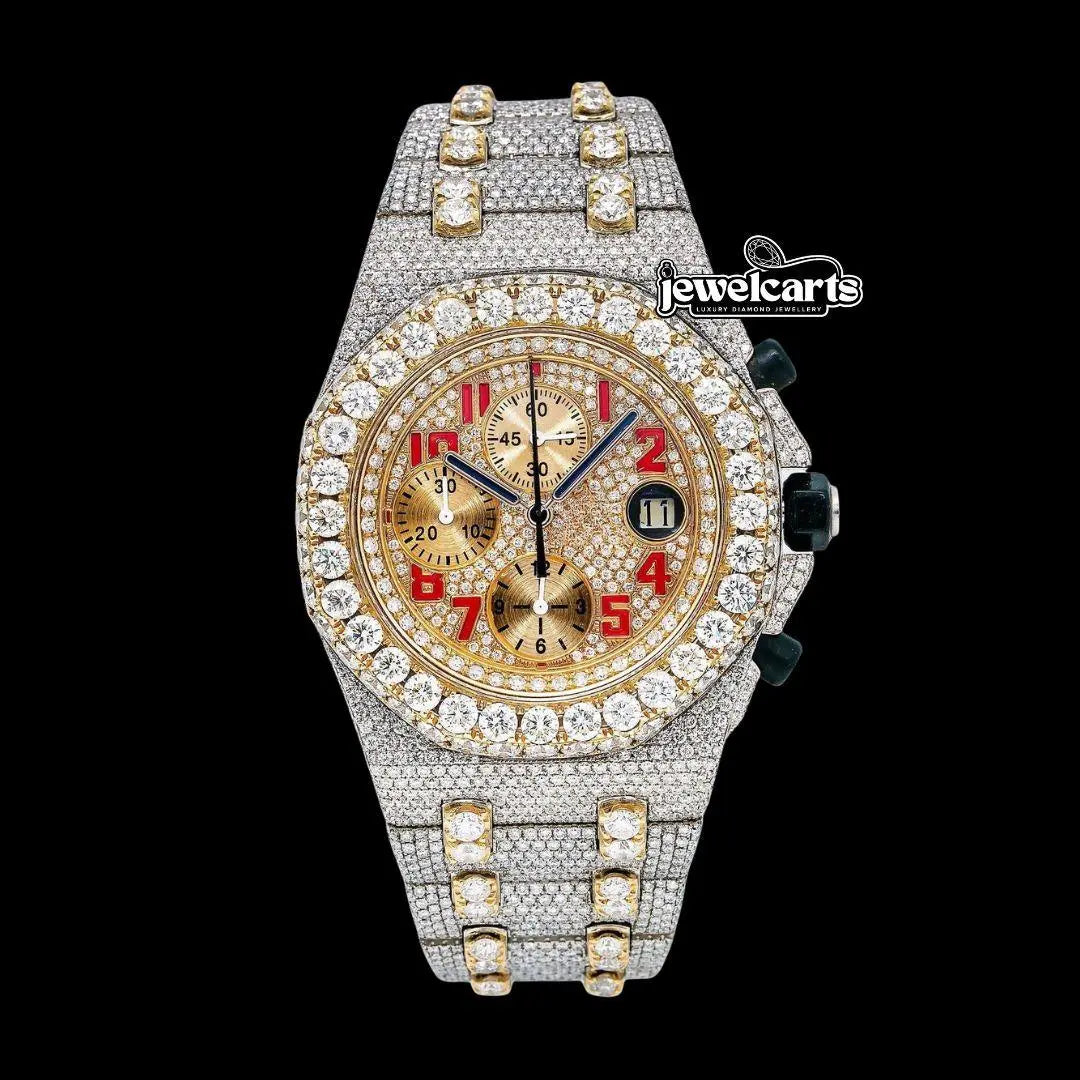 AP Royal Oak Offshore Chronograph Yellow Gold Dial Red Standard Numerals Two Tone Moissanite Watch Front View