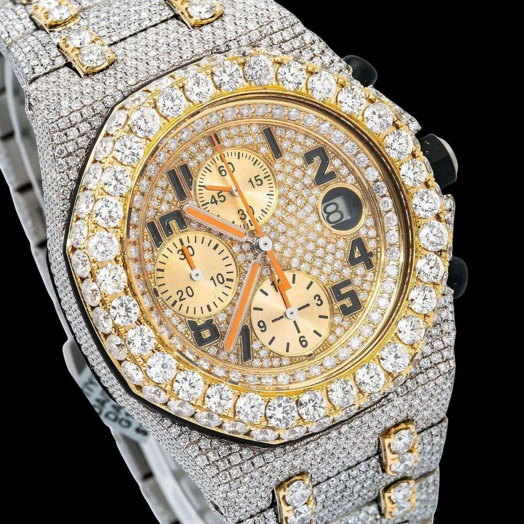 AP Royal Oak Offshore Chronograph Yellow Gold Dial Standard Numerals Two Tone Iced Out Moissanite Watch Close Up Dial View