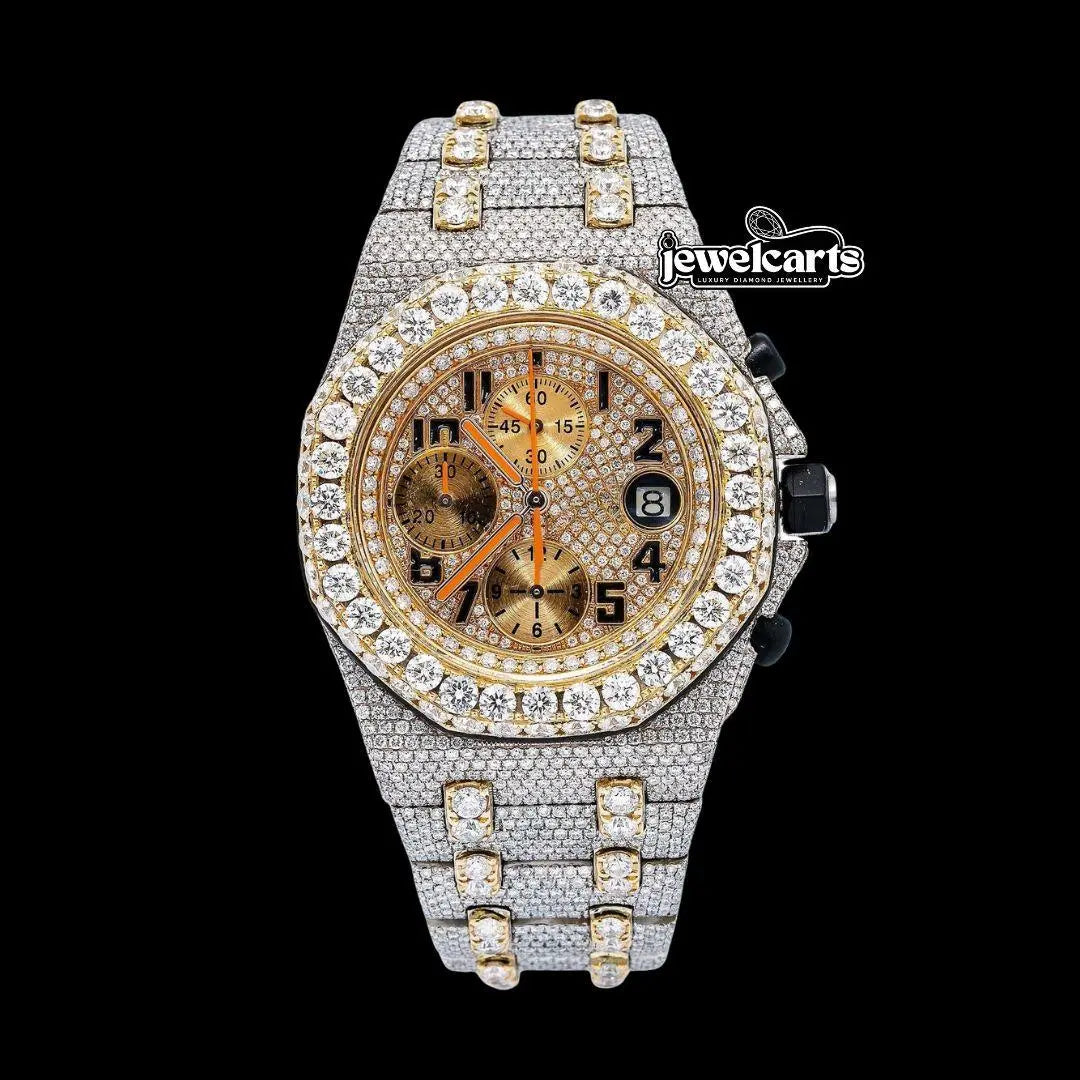 AP Royal Oak Offshore Chronograph Yellow Gold Dial Standard Numerals Two Tone Iced Out Moissanite Watch Front View