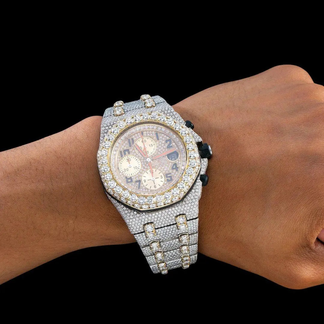 AP Royal Oak Offshore Chronograph Yellow Gold Dial Standard Numerals Two Tone Iced Out Moissanite Watch On Wrist View