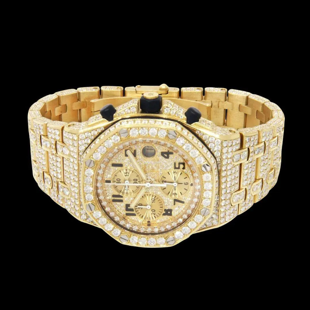 AP Royal Oak Offshore Standard Numerals Chronograph Dial Fully Iced Out Yellow Gold Moissanite Watch Close Up Front View