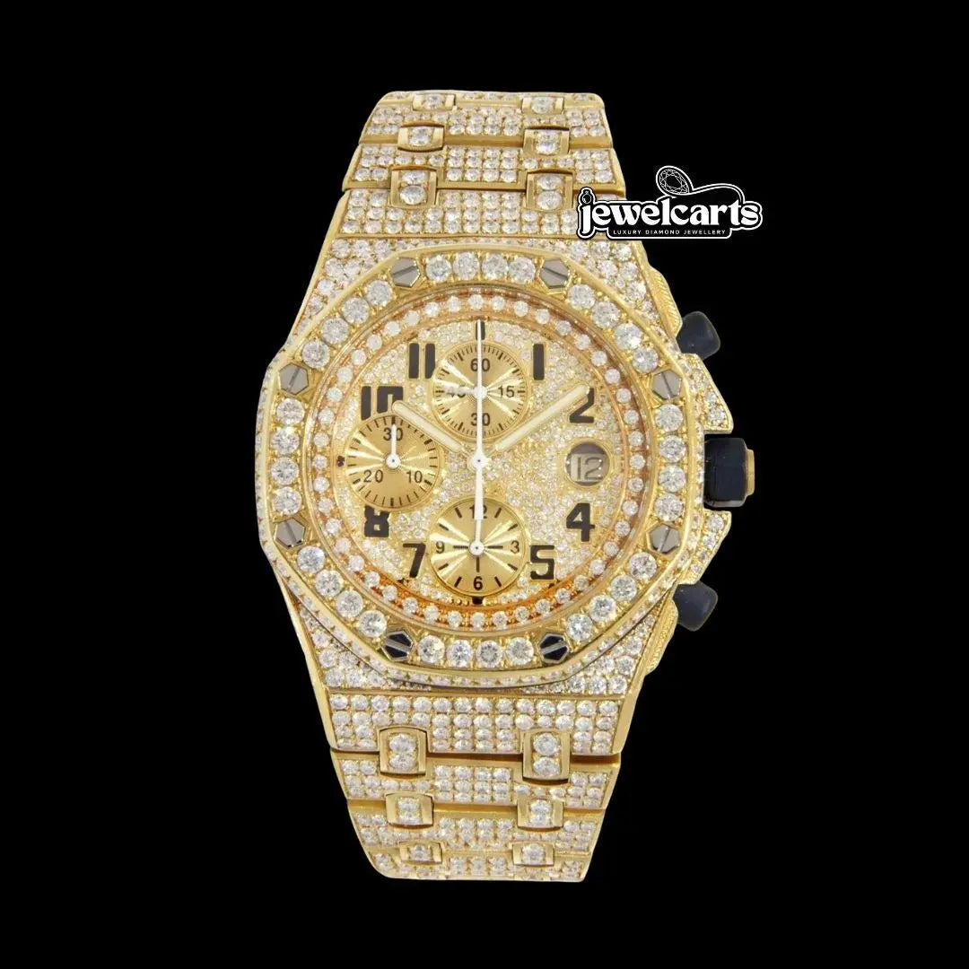 AP Royal Oak Offshore Standard Numerals Chronograph Dial Fully Iced Out Yellow Gold Moissanite Watch Front View