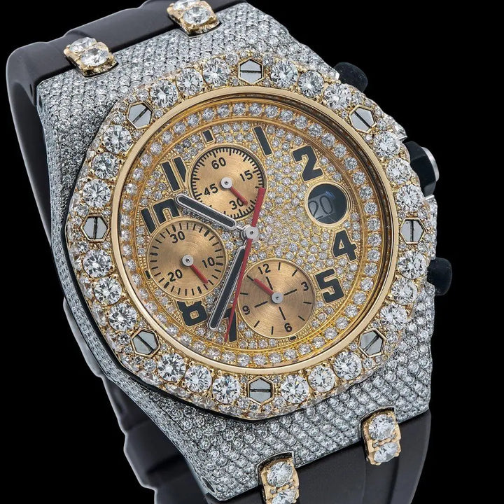 AP Royal Oak Offshore Standard Numerals Chronograph Dial Semi Iced Out Rubber Strap Watch Close Up Dial View