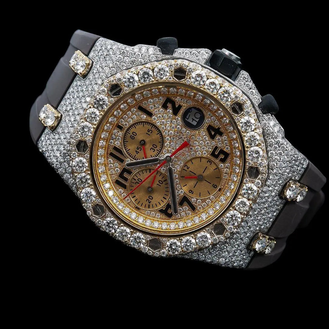 AP Royal Oak Offshore Standard Numerals Chronograph Dial Semi Iced Out Rubber Strap Watch Close Up Front View