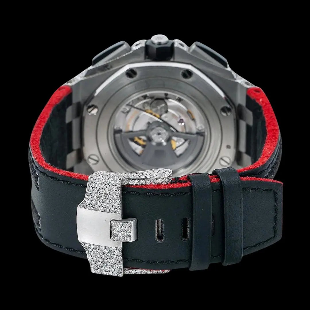 AP Royal Oak Offshore Stick Markers Chronograph Black Leather Strap Moissanite Watch Caseback View