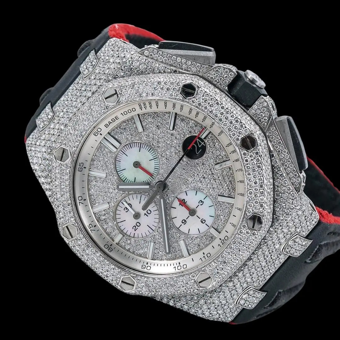 AP Royal Oak Offshore Stick Markers Chronograph Black Leather Strap Moissanite Watch Close Up Front View