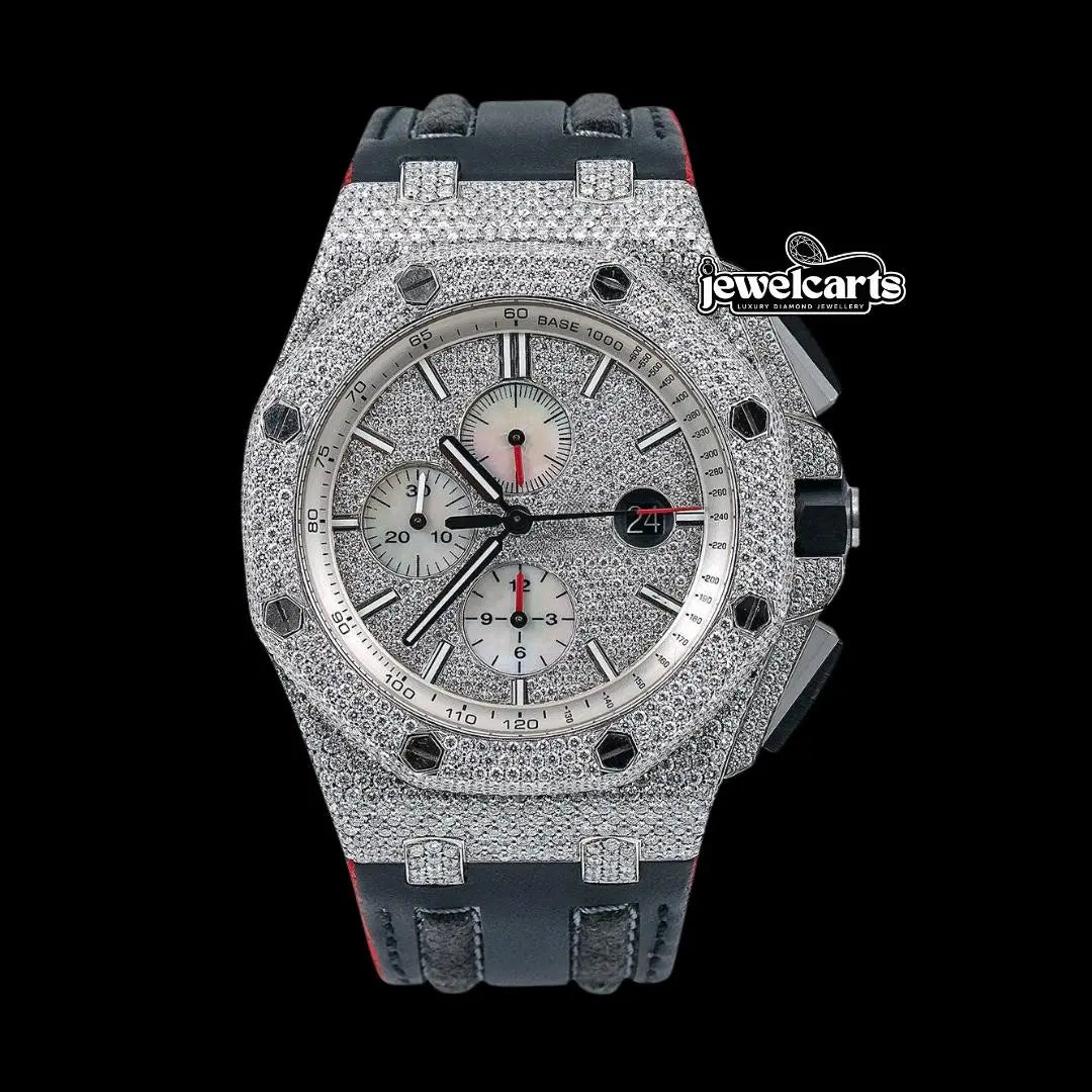 AP Royal Oak Offshore Stick Markers Chronograph Black Leather Strap Moissanite Watch Front View