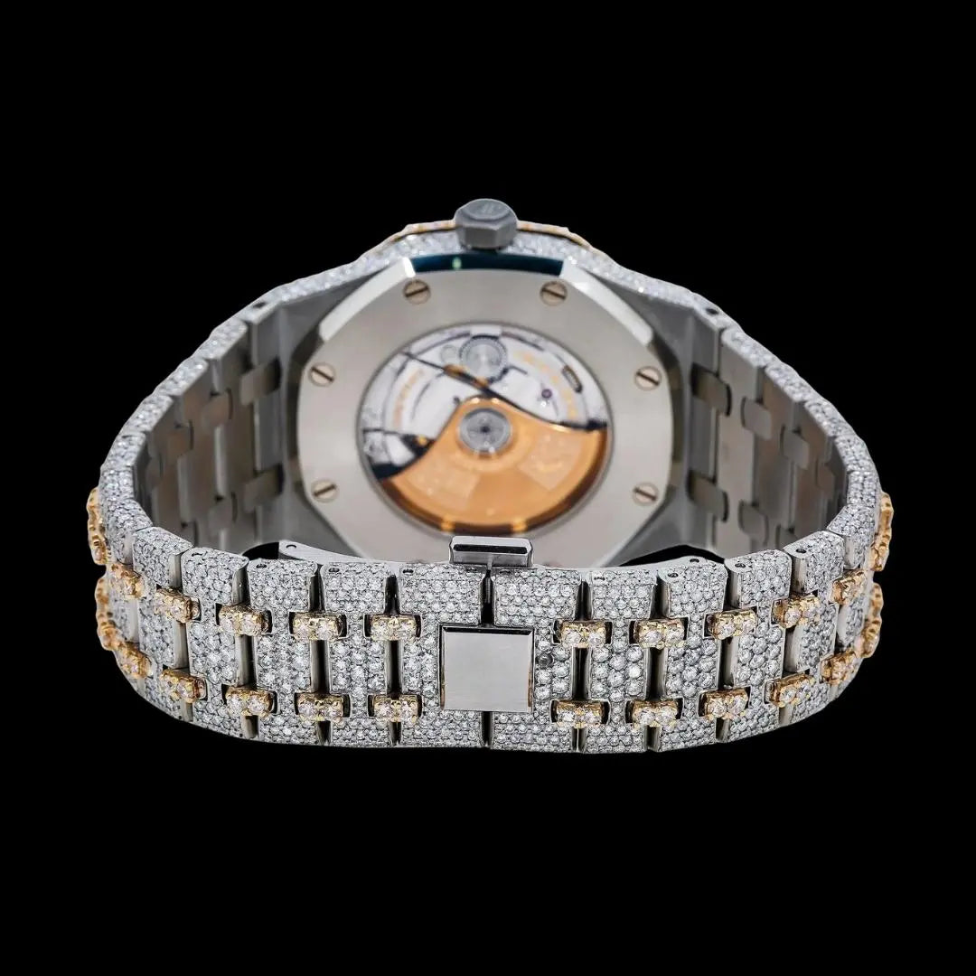 AP Royal Oak Rainbow Arabic Dial Diamond Bezel Two Tone Yellow Gold Fully Iced Out Moissanite Watch Caseback View