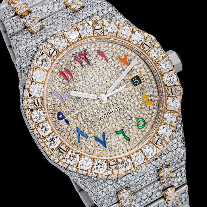 AP Royal Oak Rainbow Arabic Dial Diamond Bezel Two Tone Yellow Gold Fully Iced Out Moissanite Watch Close Up Dial View
