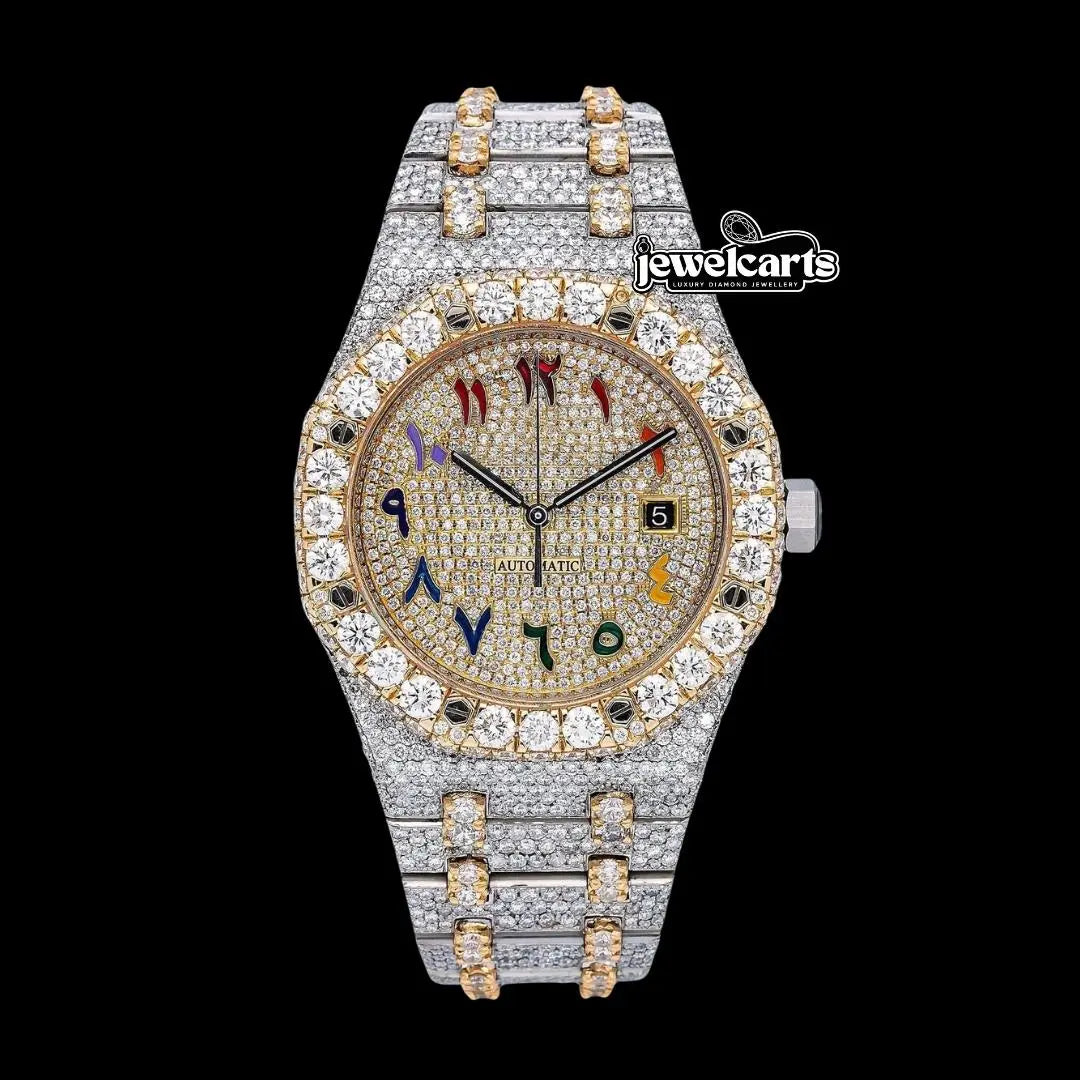 AP Royal Oak Rainbow Arabic Dial Diamond Bezel Two Tone Yellow Gold Fully Iced Out Moissanite Watch Front View