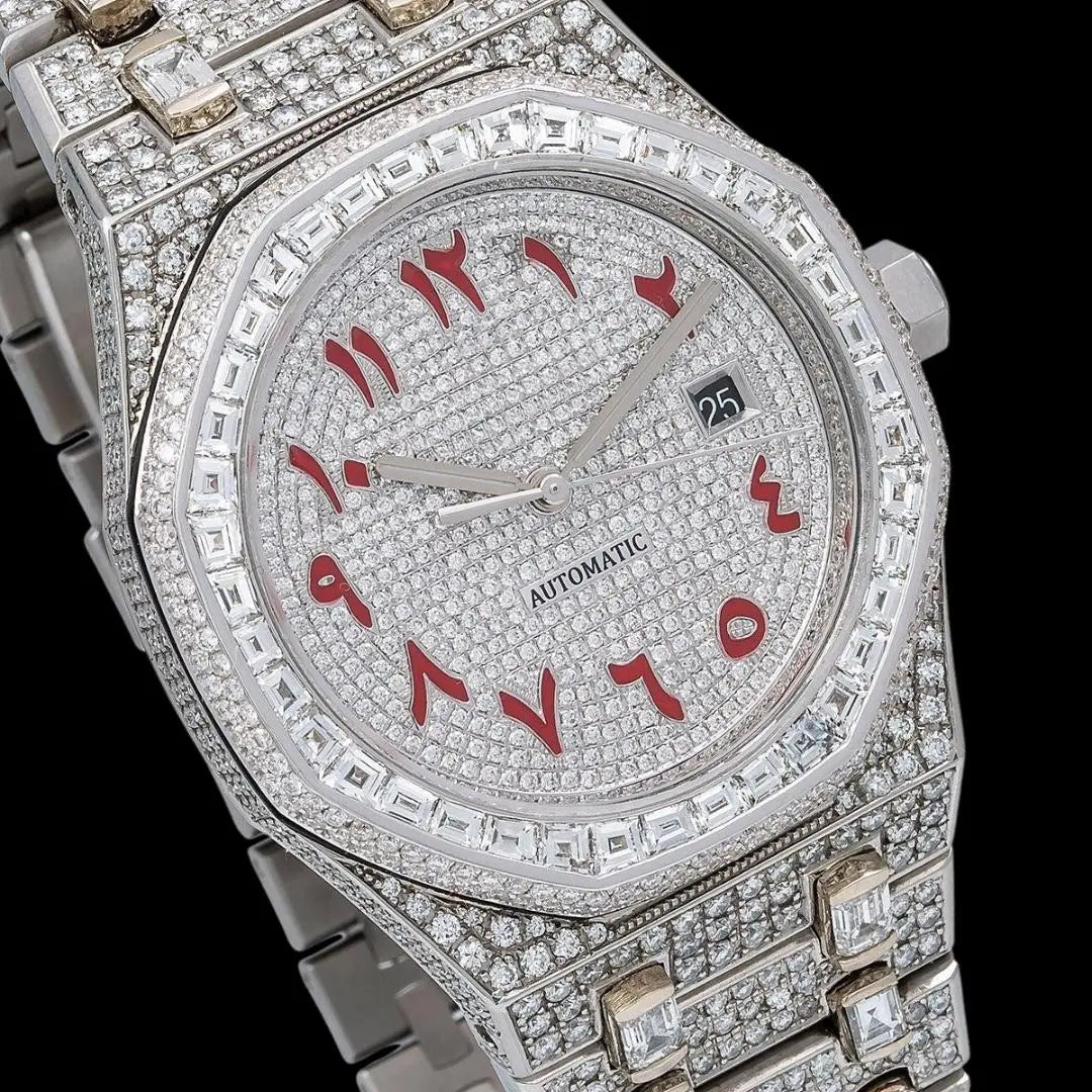 AP Royal Oak Red Arabic Numerals Dial Diamond Bezel Fully Iced Out Moissanite Watch Close Up Dial View