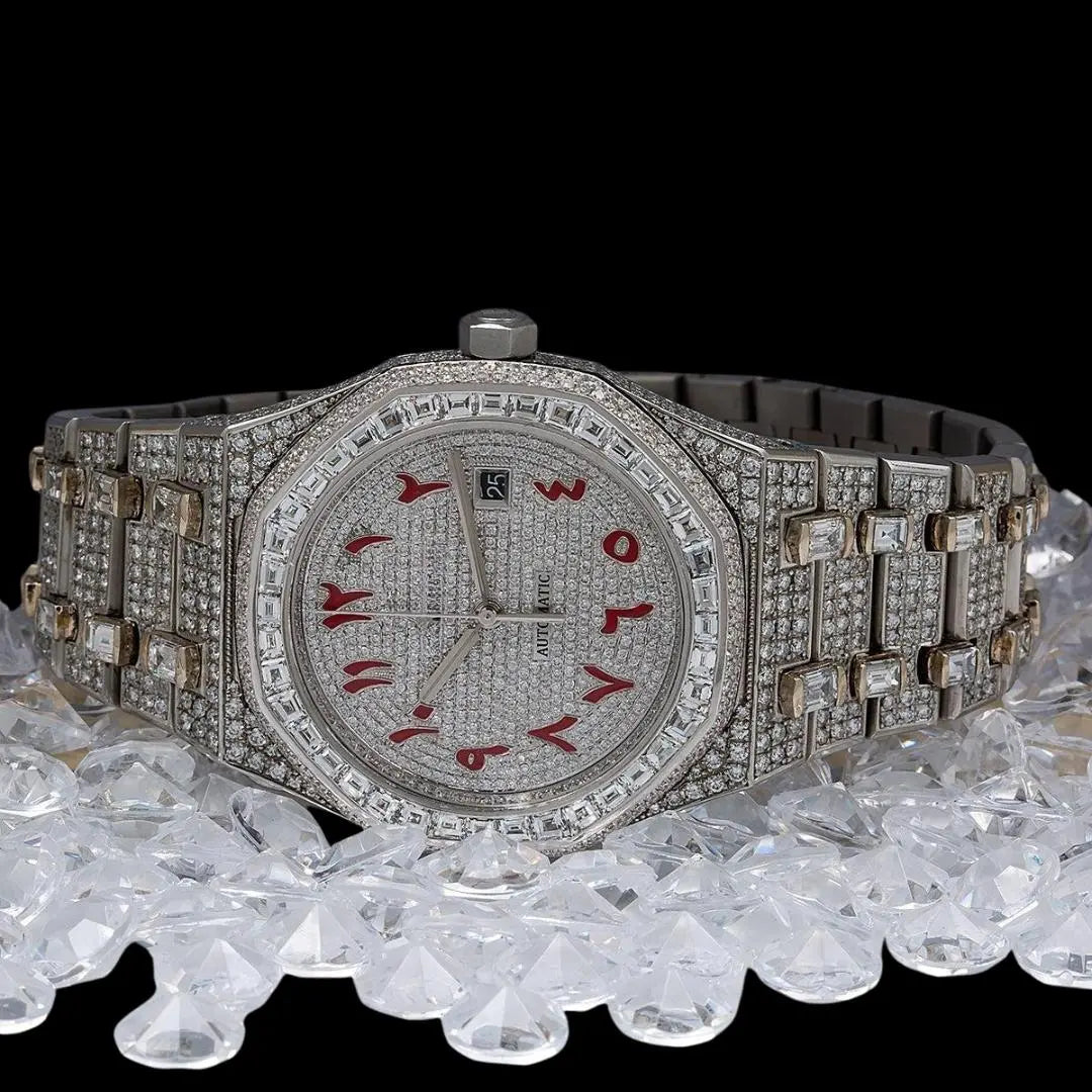 AP Royal Oak Red Arabic Numerals Dial Diamond Bezel Fully Iced Out Moissanite Watch Close Up Front View
