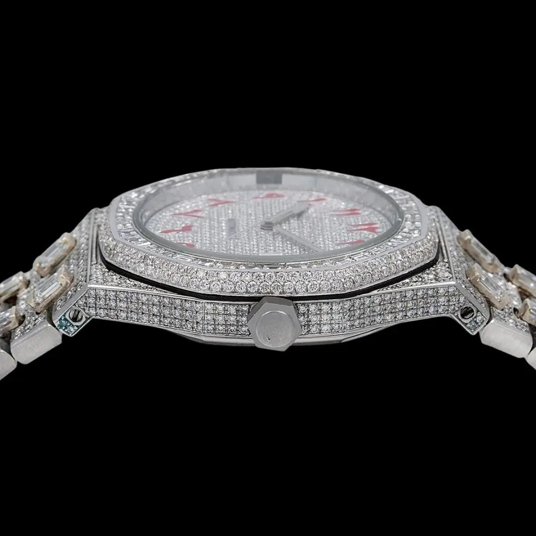 AP Royal Oak Red Arabic Numerals Dial Diamond Bezel Fully Iced Out Moissanite Watch Crown View