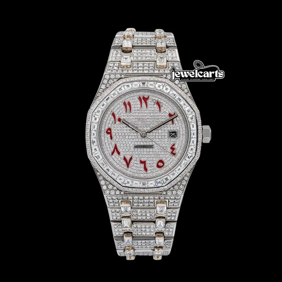 AP Royal Oak Red Arabic Numerals Dial Diamond Bezel Fully Iced Out Moissanite Watch Front View