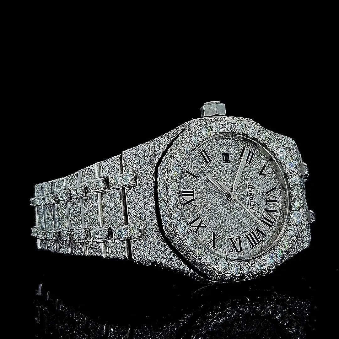 AP Royal Oak Roman Dial Fully Iced Out Moissanite Watch Right Profile View