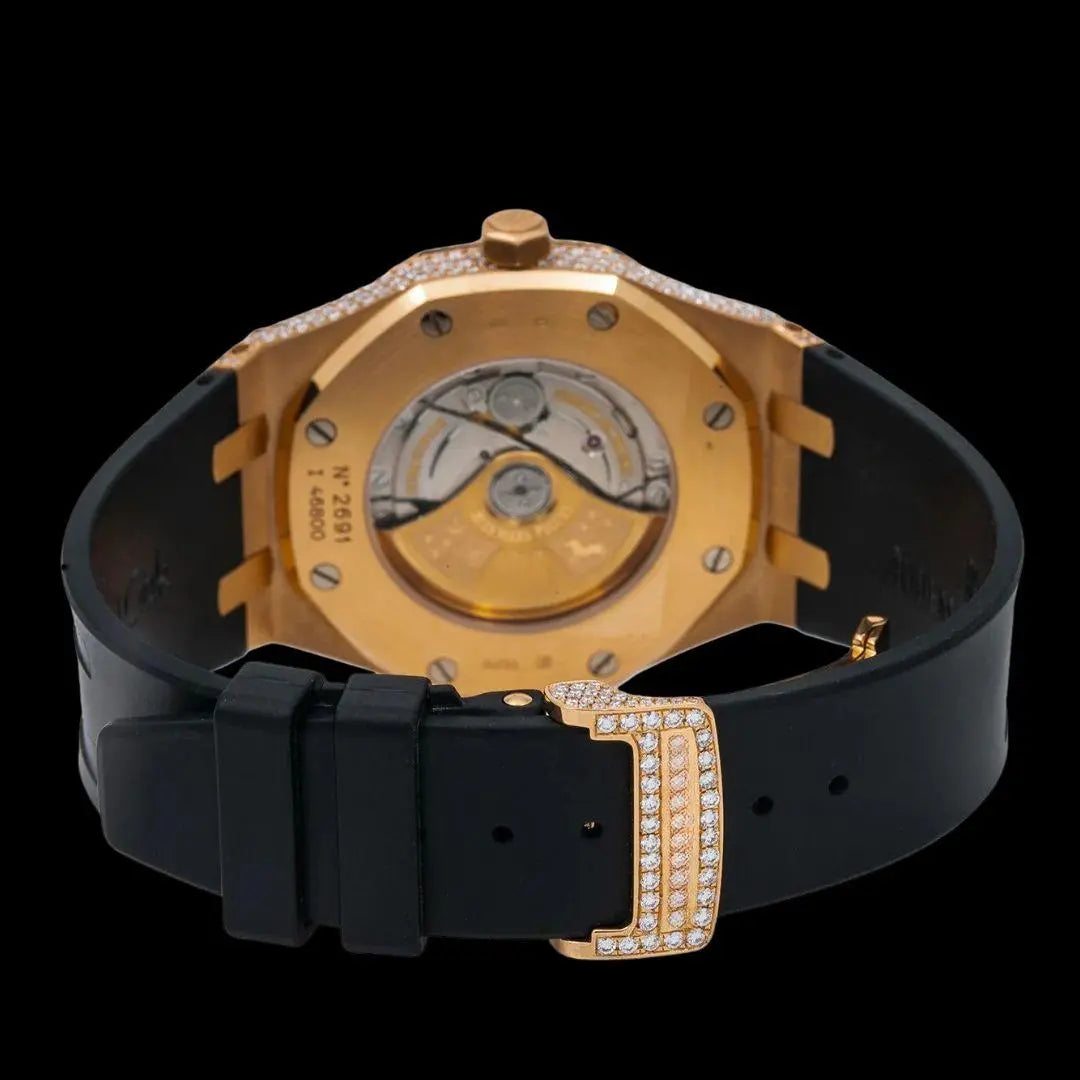 AP Royal Oak Stick Markers Dial Black Rubber Strap Semi Iced Out Moissanite Watch Caseback View
