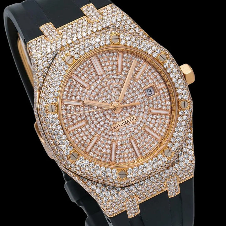 AP Royal Oak Stick Markers Dial Black Rubber Strap Semi Iced Out Moissanite Watch Close Up Dial View
