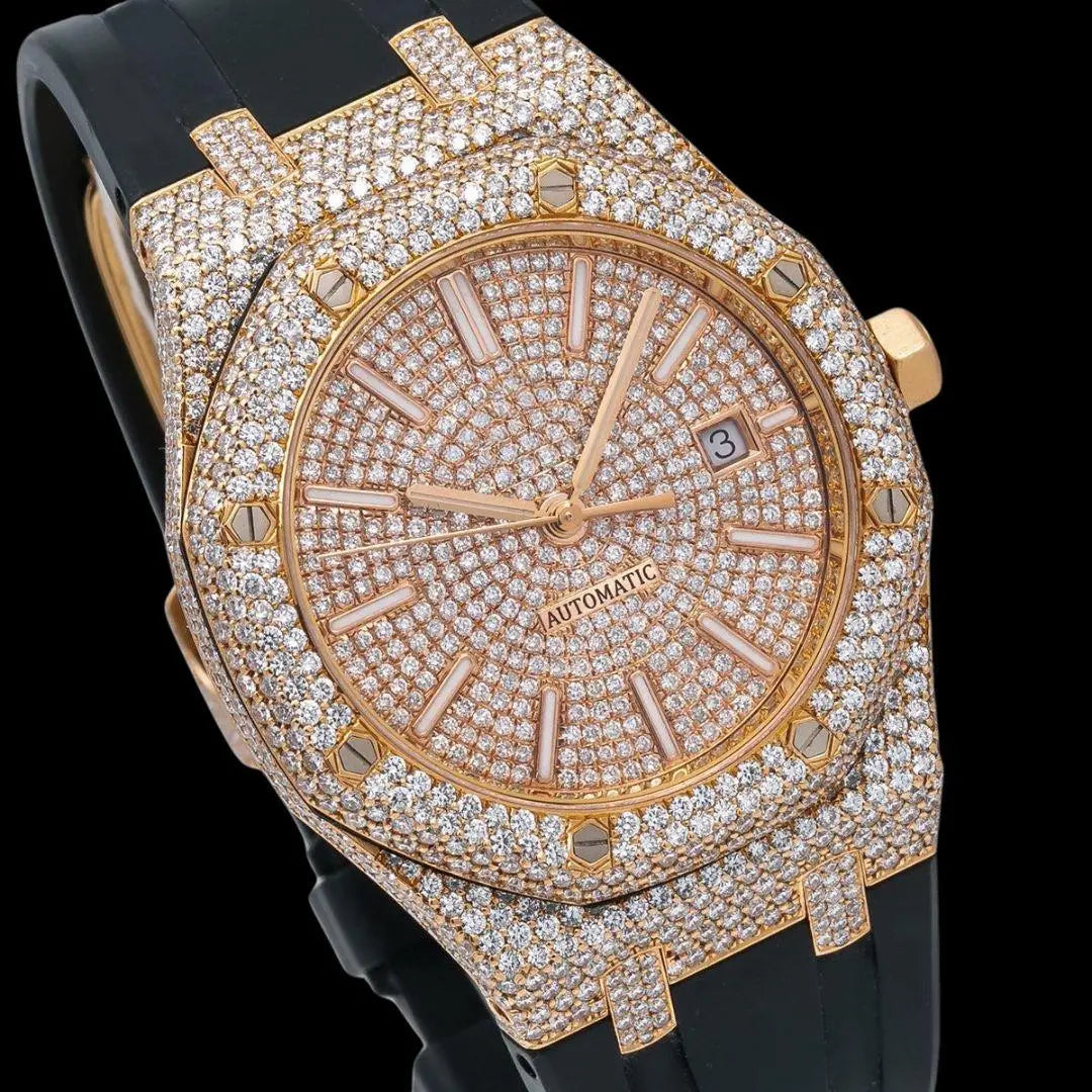 AP Royal Oak Stick Markers Dial Black Rubber Strap Semi Iced Out Moissanite Watch Close Up Dial View