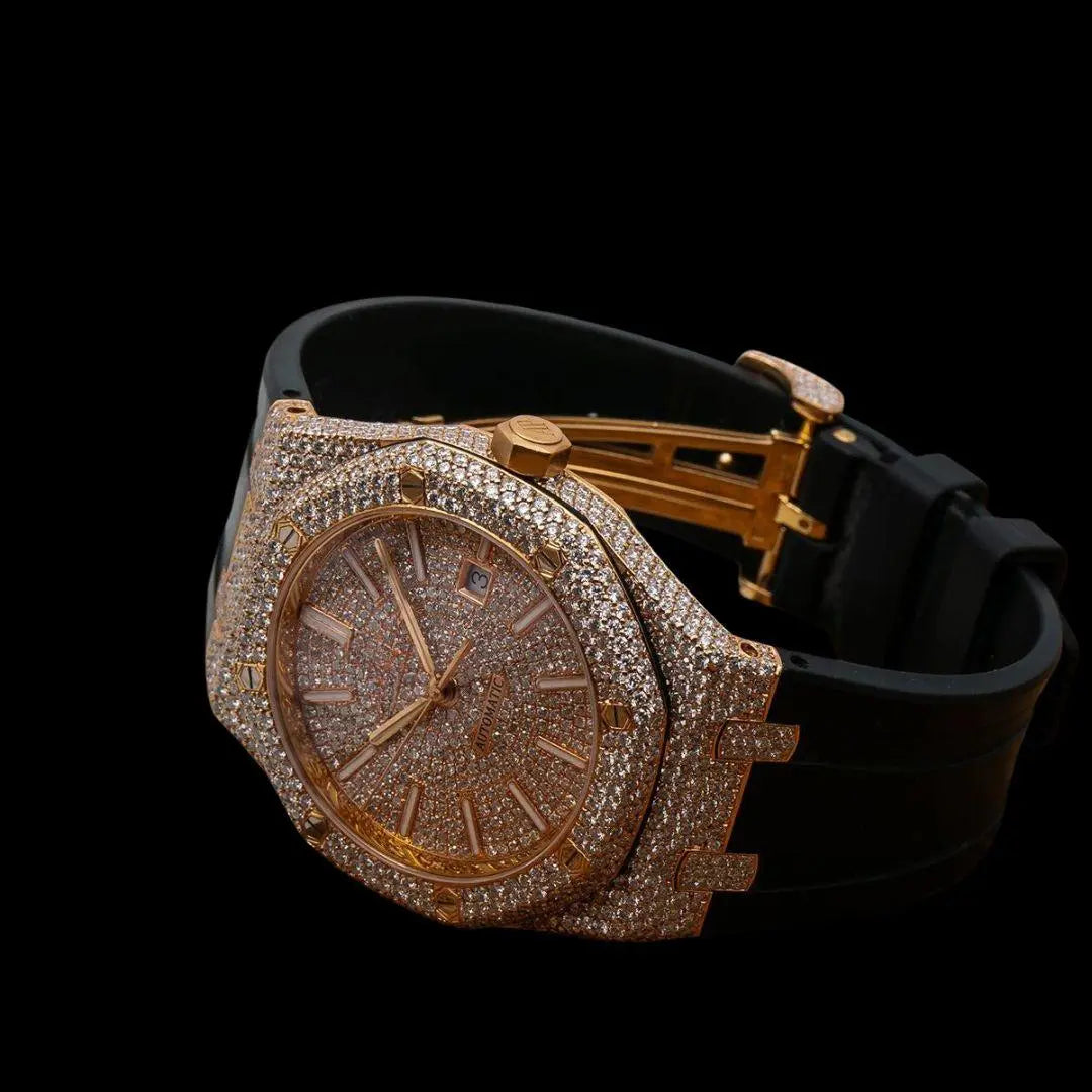 AP Royal Oak Stick Markers Dial Black Rubber Strap Semi Iced Out Moissanite Watch Close Up Front View